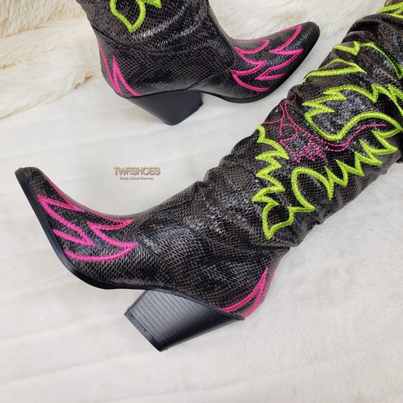 Thigh High Western cowboy slouch boots black neon - Picture 7 of 16